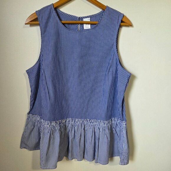 NEVER WORN TIME AND TRU PINSTRIPE SLEEVELESS COTTON RUFFLED TOP SIZE L - Picture 2 of 15